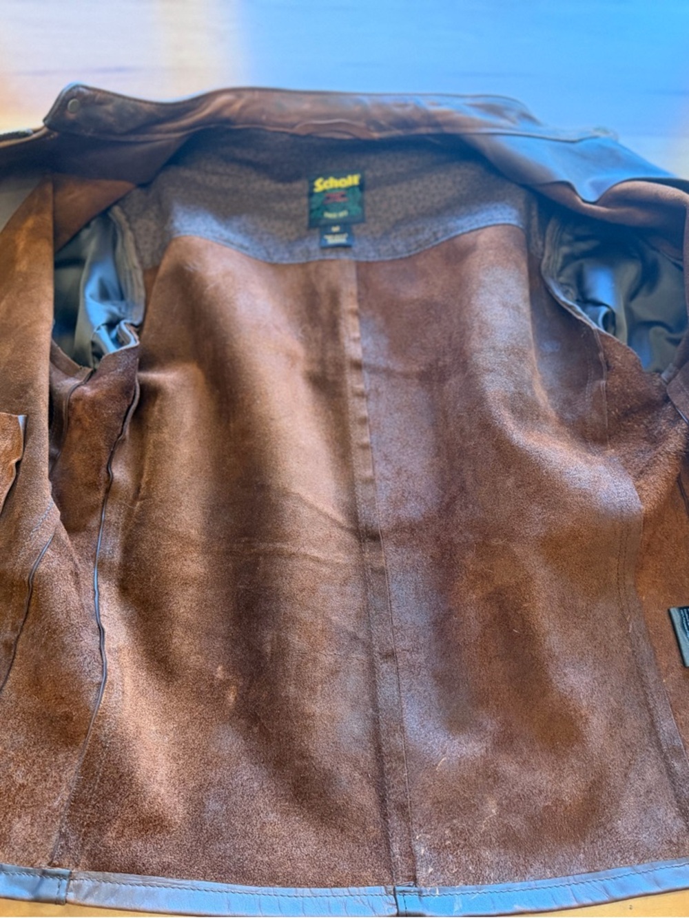 Schott Men's Brown Distressed Leather Jacket. Racer style - Picture 7 of 9